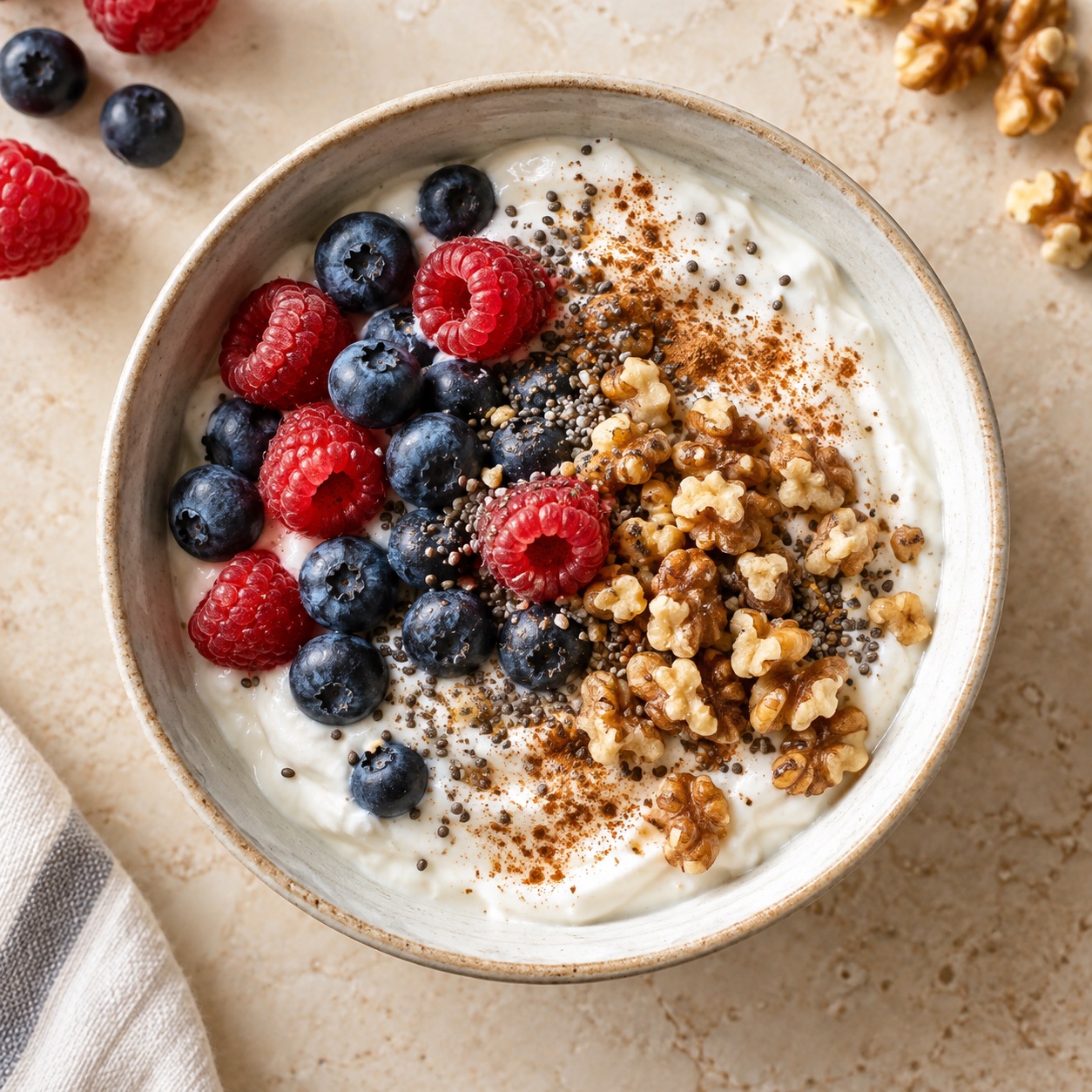 Greek yogurt bowl with berries, chia seeds, and walnuts